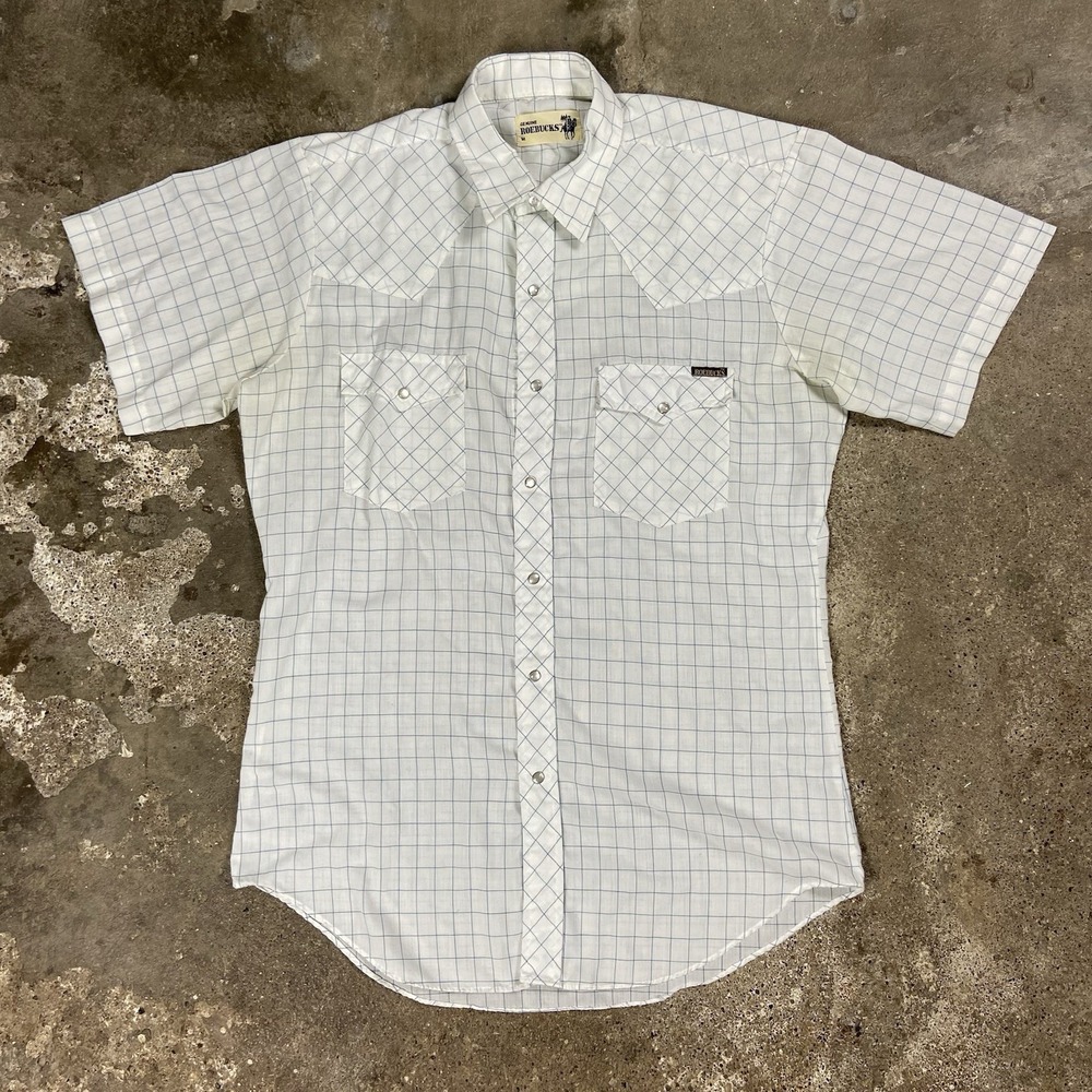 Vintage 70s‎ Genuine Roebucks Pearl Snap Size Medium White Check Pattern Western